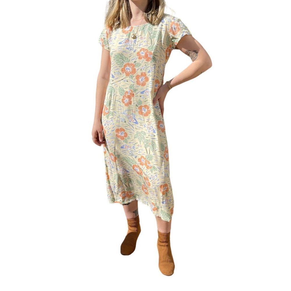 Vintage 90s Womens Tropical Floral Multicolor Beach Midi Hippy Boho Dress Sz L